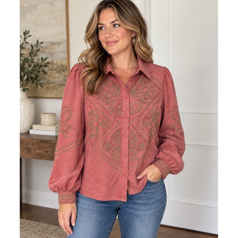 &merci Embroidered Button Front Blouse Dusty Rose Olive Floral Puff Sleeve Small